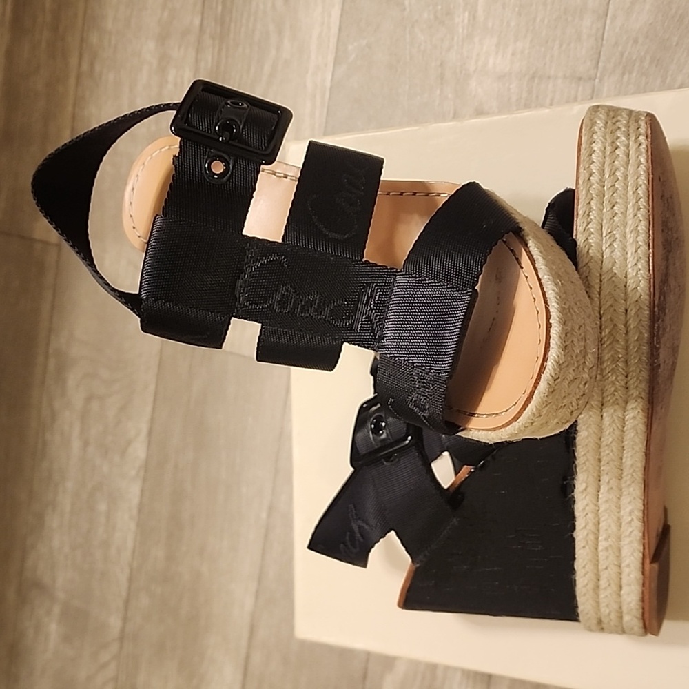 Coach Black Wedge Sandals with Tan Accents - Picture 7 of 10
